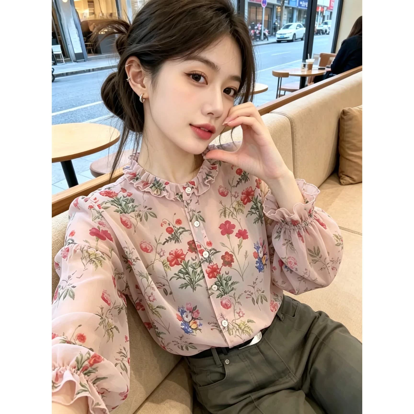 이른 가을 프랑스식 꽃무늬 전원 바람 싱글 줄 버튼 긴팔 얇은 스타일 프릴 칼라 고급 품격 마이크로 ~을 통해 피부 맨위 여성 상세 이미지 4