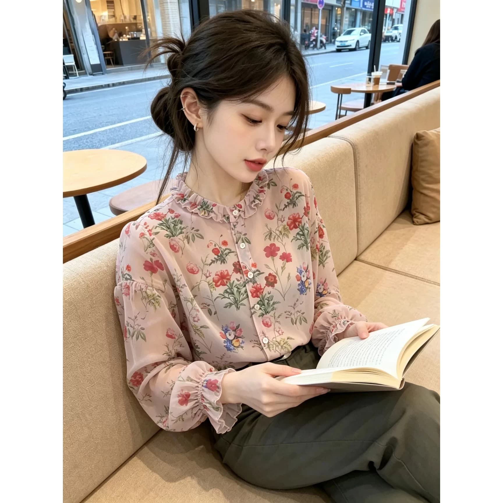 이른 가을 프랑스식 꽃무늬 전원 바람 싱글 줄 버튼 긴팔 얇은 스타일 프릴 칼라 고급 품격 마이크로 ~을 통해 피부 맨위 여성 상세 이미지 5