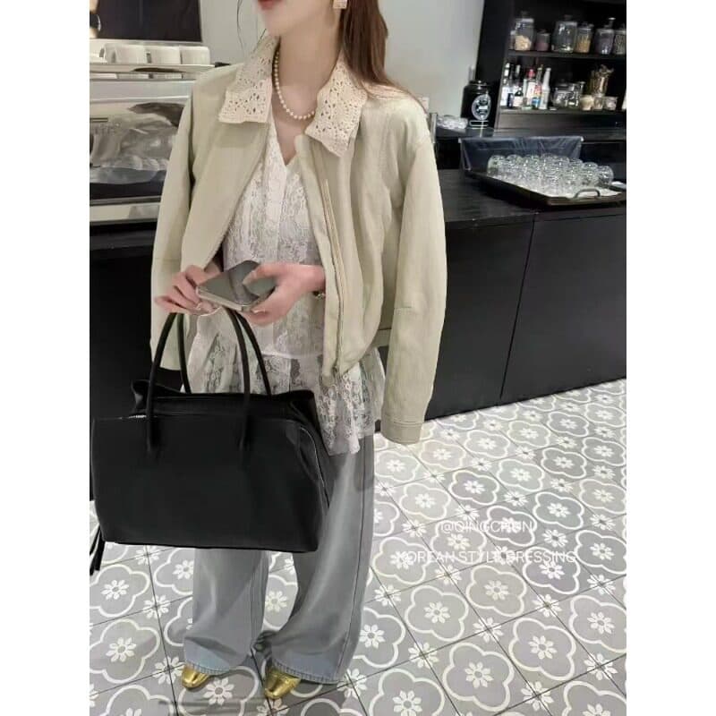 수 있습니다. 철거 레이스 자수 폴로 칼라 가죽 재킷 여성 코트 봄 새로운 pu 가죽 자켓 맨위 트렌디
