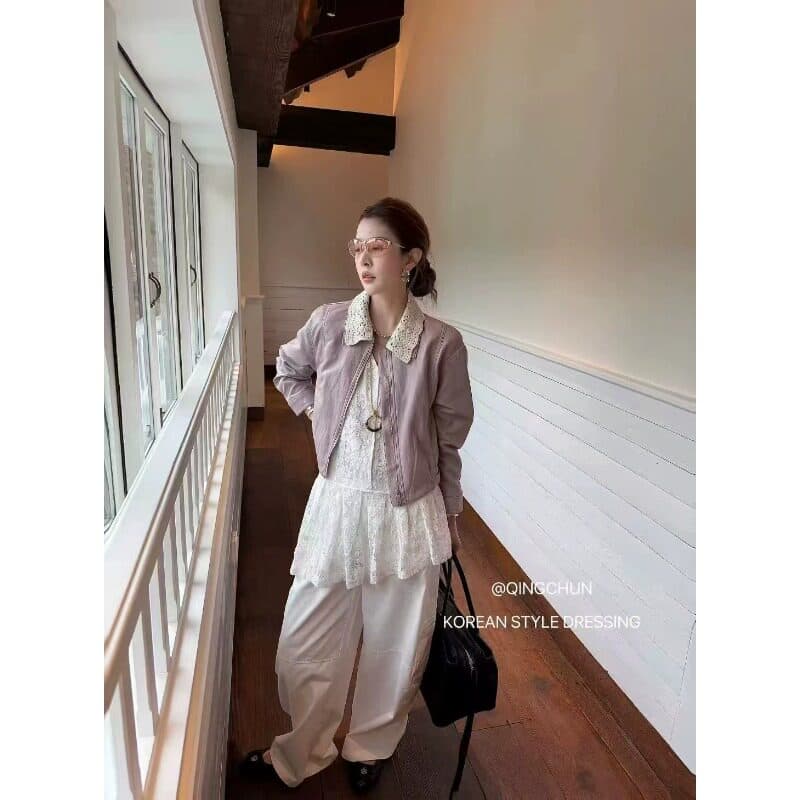 수 있습니다. 철거 레이스 자수 폴로 칼라 가죽 재킷 여성 코트 봄 새로운 pu 가죽 자켓 맨위 트렌디 이미지 4