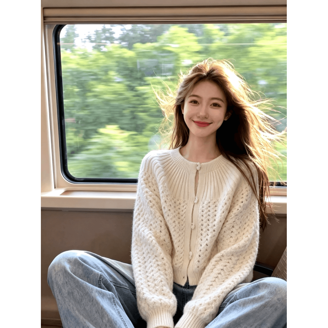 보존 섹션 추천 홀로우 아웃 라운드 넥 긴팔 니트 오픈 가디건 여성 가을 새로운 고급 센스 슬림해 보이는 외부 가져 가라. 스웨터 이미지 5