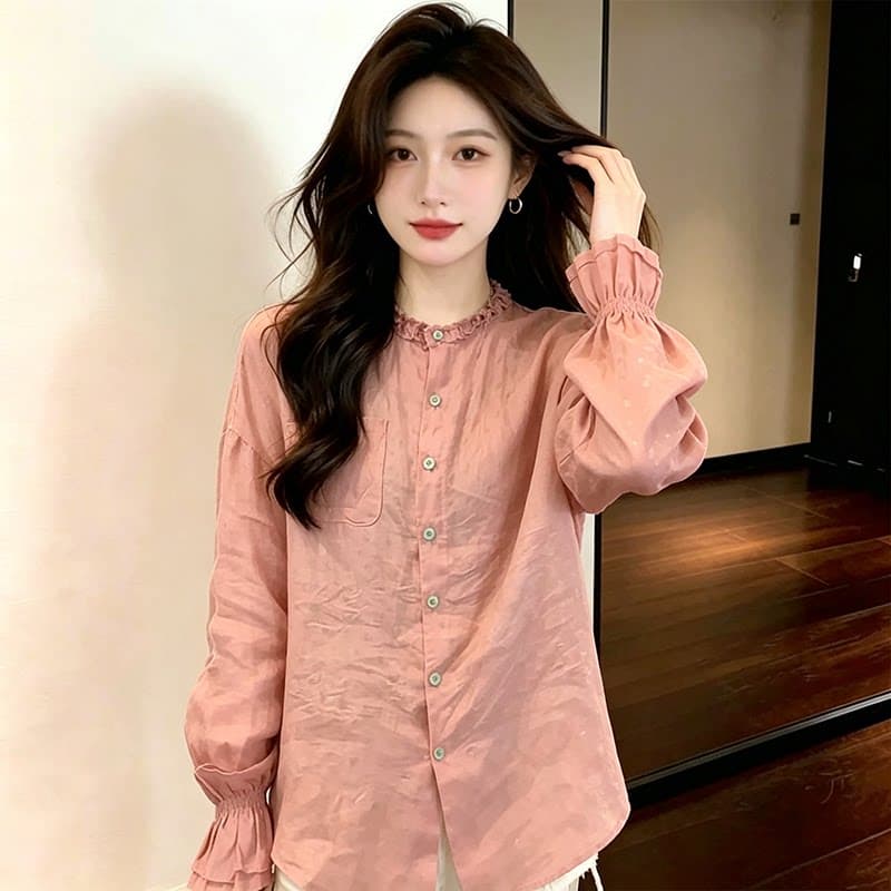 패션 느슨함 센스 프릴 긴팔 여성 셔츠 이른 가을 새로운 지방 mm 루즈핏 표지 배 미니멀리즘 출퇴근 맨위 트렌디 이미지 2