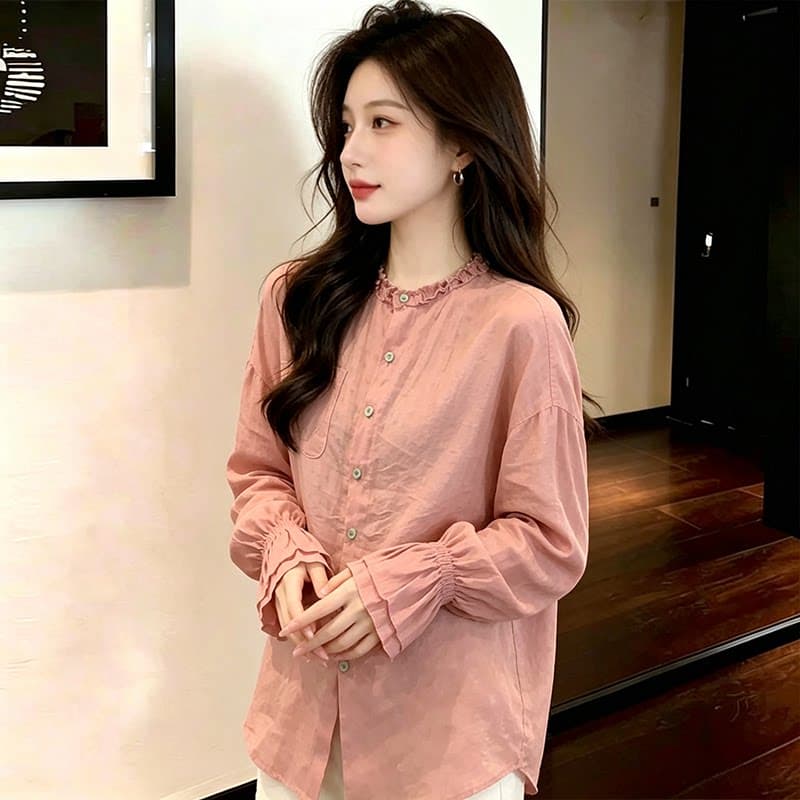 패션 느슨함 센스 프릴 긴팔 여성 셔츠 이른 가을 새로운 지방 mm 루즈핏 표지 배 미니멀리즘 출퇴근 맨위 트렌디 이미지 5