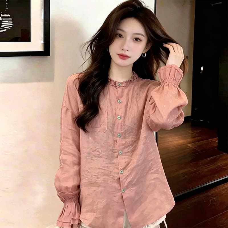 패션 느슨함 센스 프릴 긴팔 여성 셔츠 이른 가을 새로운 지방 mm 루즈핏 표지 배 미니멀리즘 출퇴근 맨위 트렌디 상세 이미지 2