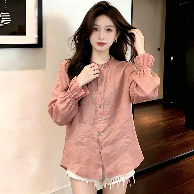 패션 느슨함 센스 프릴 긴팔 여성 셔츠 이른 가을 새로운 지방 mm 루즈핏 표지 배 미니멀리즘 출퇴근 맨위 트렌디 상세 이미지 7