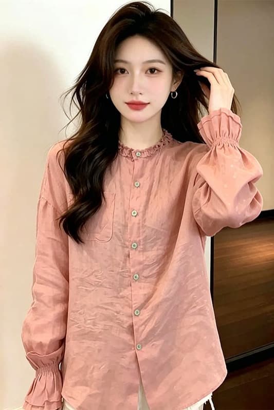 패션 느슨함 센스 프릴 긴팔 여성 셔츠 이른 가을 새로운 지방 mm 루즈핏 표지 배 미니멀리즘 출퇴근 맨위 트렌디 이미지 6