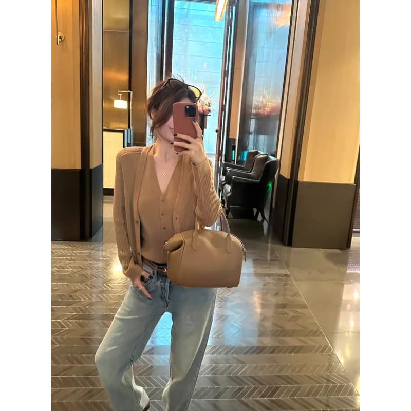 min 익스트림 제인 품격 오래된 돈 낙타 페이크 레이어드 양모 혼방 니트 오픈 가디건 am7100 상세 이미지 4