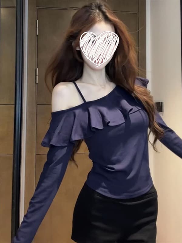 한국 스타일 작은 대중 순수한 욕망 오프숄더 프릴 맨위 여성 2025 가을 새로운 티셔츠 Chic 디자인 센스 작은 셔츠 트렌디 상세 이미지 1