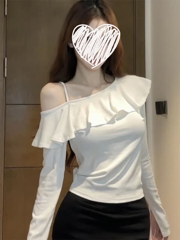 한국 스타일 작은 대중 순수한 욕망 오프숄더 프릴 맨위 여성 2025 가을 새로운 티셔츠 Chic 디자인 센스 작은 셔츠 트렌디 상세 이미지 2