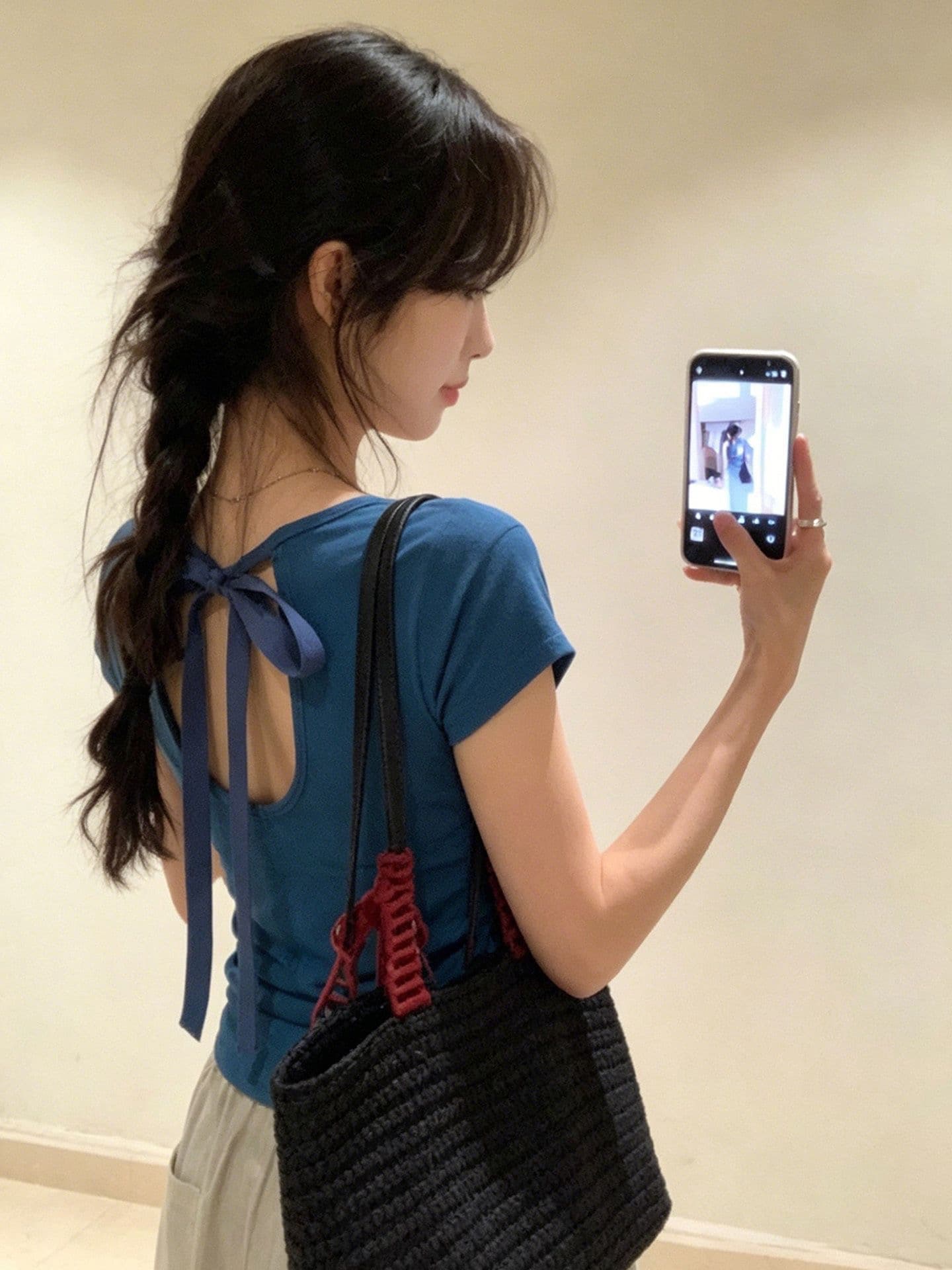 아름다운 아름다운 나비 매듭 백리스 홀로우 아웃 긍정적 인 어깨 반팔 티셔츠 여성 짧은 여름 몸매 가꾸기 인사이드 가져 가라. 작은 대중 맨위 상세 이미지 2