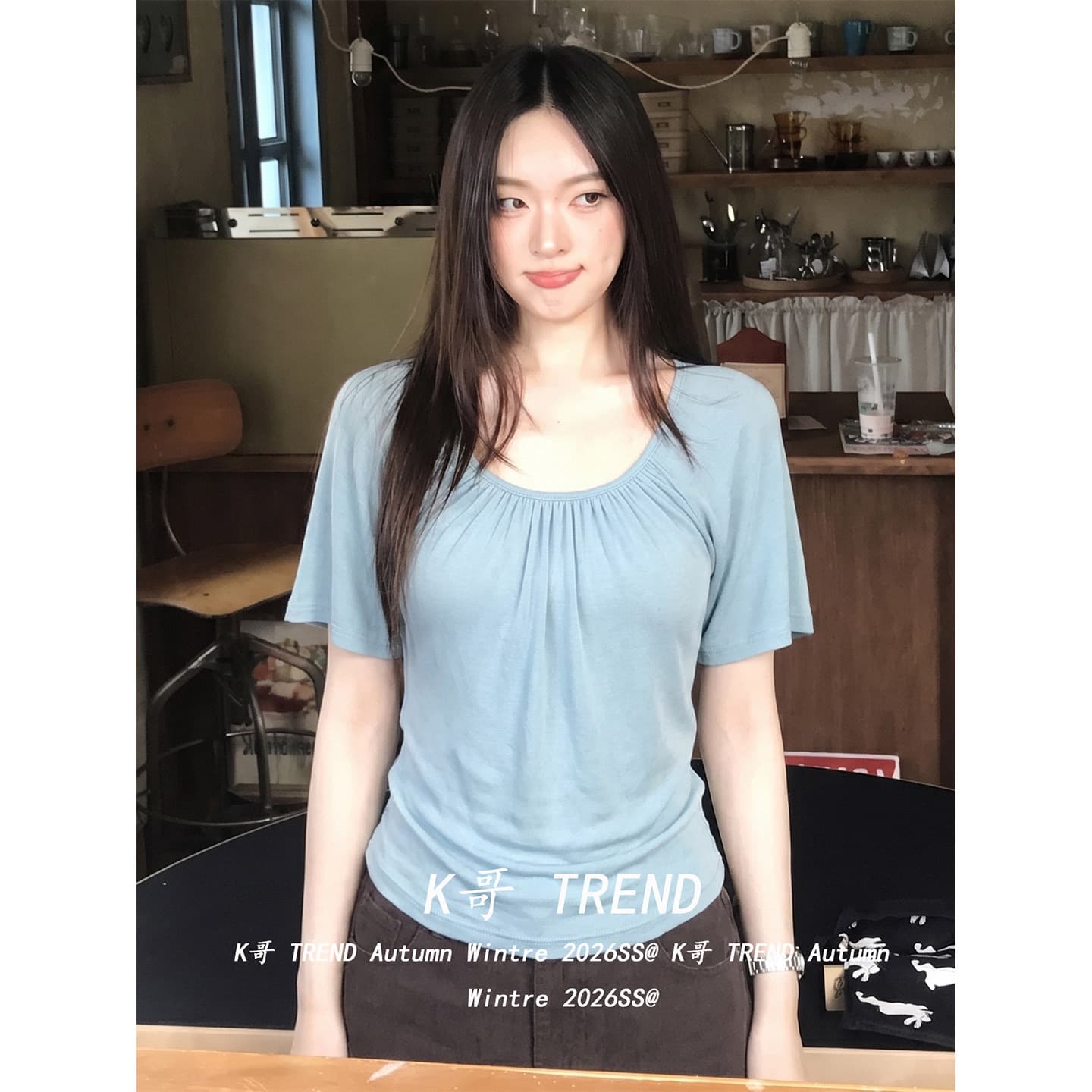 디자인 센스 주름 반팔 티셔츠 여성 여름 몸매 가꾸기 슬림해 보이는 백리스 핫걸 파란색 캐주얼 맨위 상세 이미지 2
