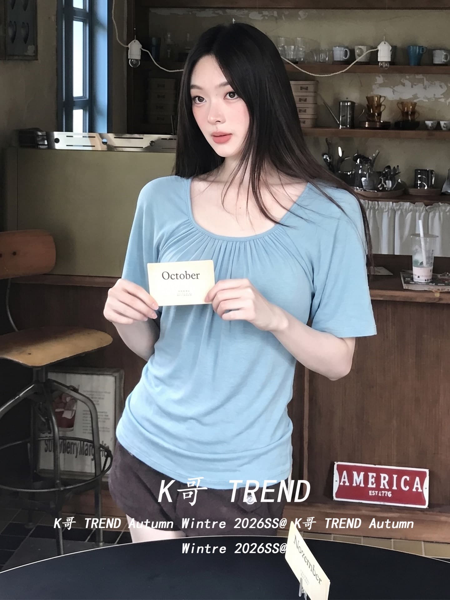 디자인 센스 주름 반팔 티셔츠 여성 여름 몸매 가꾸기 슬림해 보이는 백리스 핫걸 파란색 캐주얼 맨위 상세 이미지 5