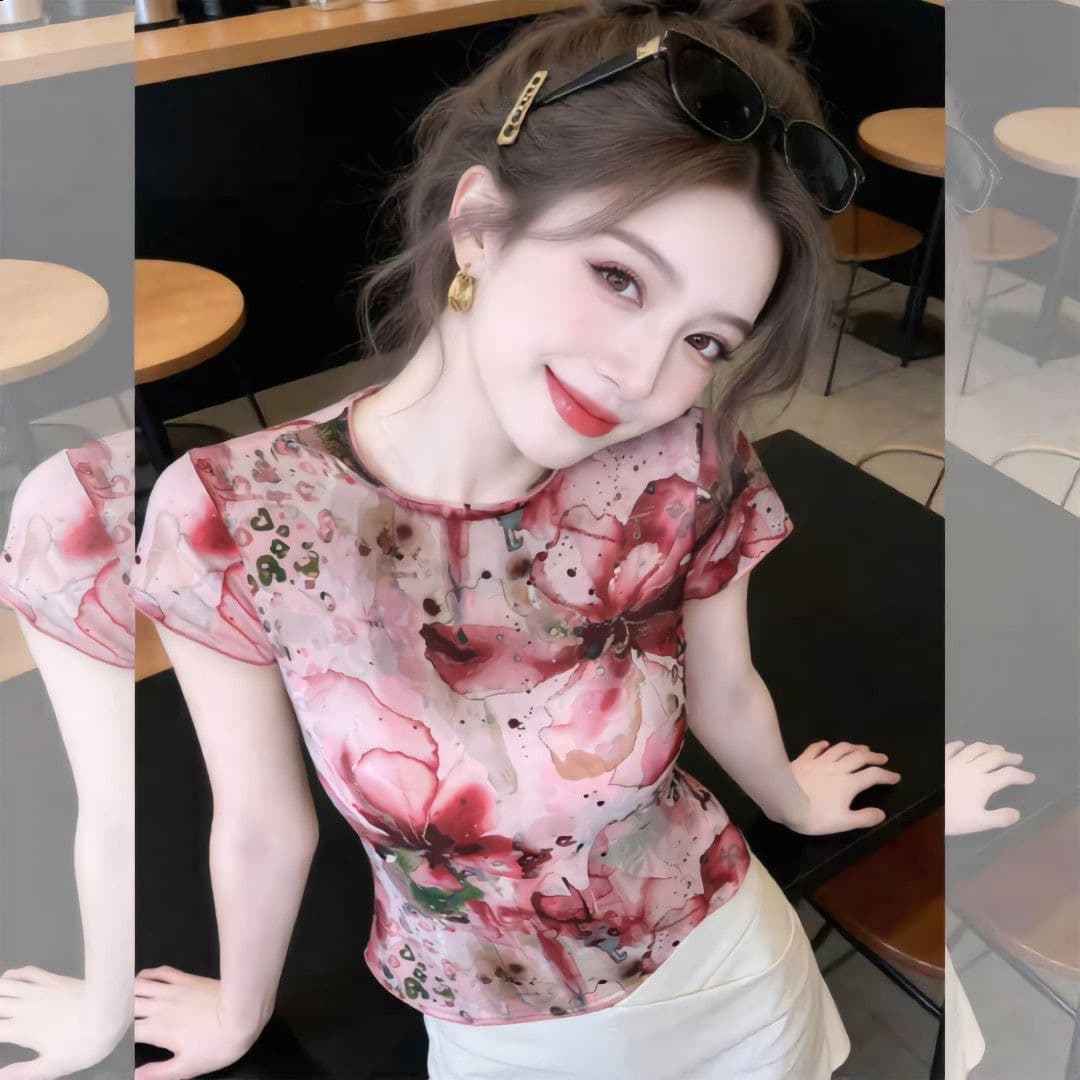 국가 트렌디 예술 헤일로 염색 프린트 작은 셔츠 반팔 티셔츠 여성 여름 통기성 망사 반하이넥 핫걸 쇼트 스타일 맨위 상세 이미지 1