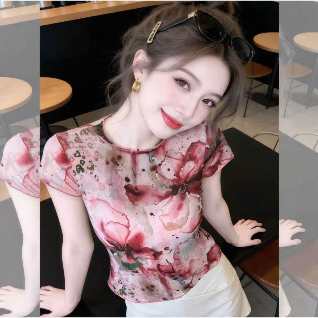 국가 트렌디 예술 헤일로 염색 프린트 작은 셔츠 반팔 티셔츠 여성 여름 통기성 망사 반하이넥 핫걸 쇼트 스타일 맨위 상세 이미지 2