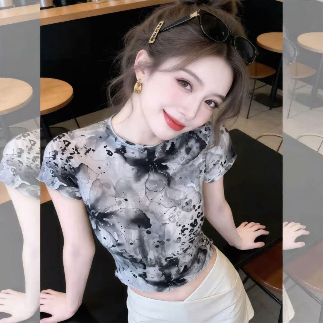국가 트렌디 예술 헤일로 염색 프린트 작은 셔츠 반팔 티셔츠 여성 여름 통기성 망사 반하이넥 핫걸 쇼트 스타일 맨위 상세 이미지 3