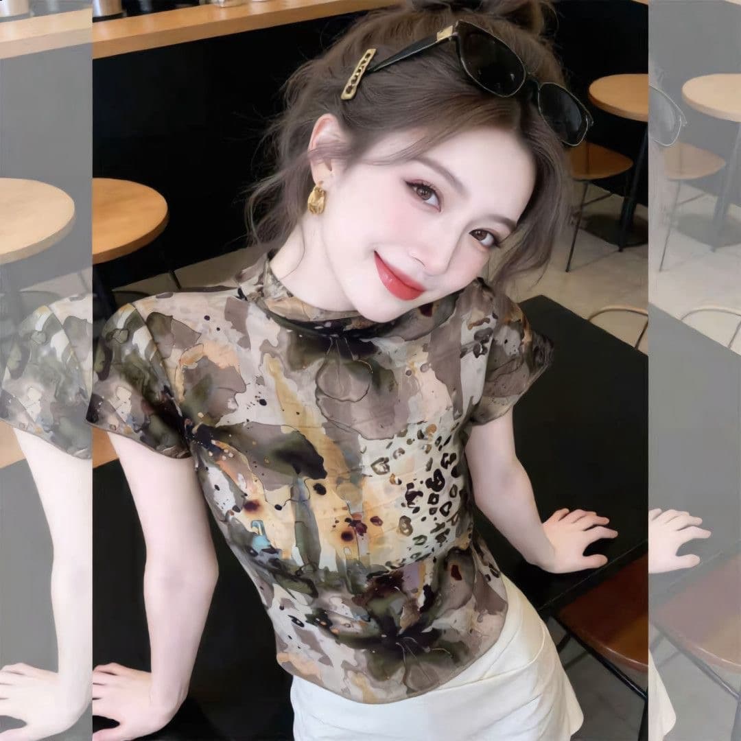 국가 트렌디 예술 헤일로 염색 프린트 작은 셔츠 반팔 티셔츠 여성 여름 통기성 망사 반하이넥 핫걸 쇼트 스타일 맨위 상세 이미지 4
