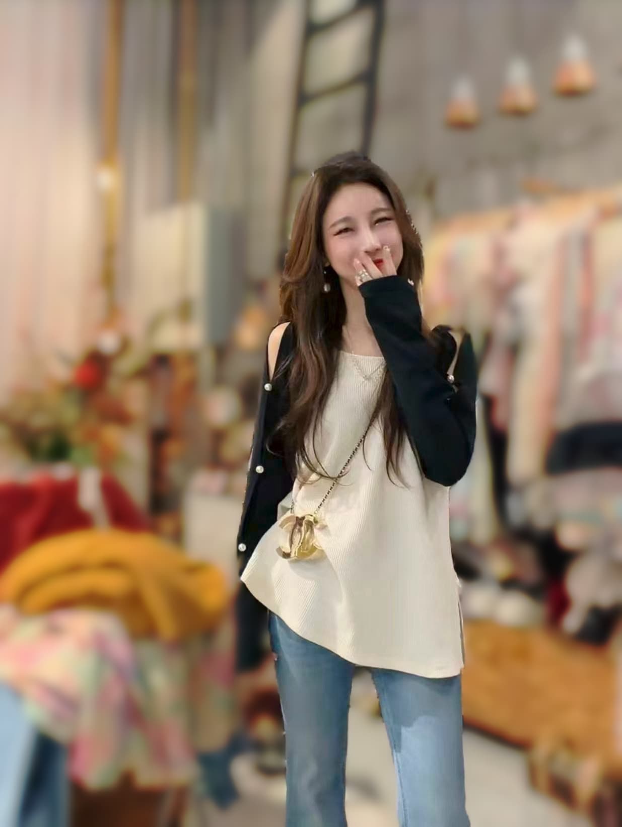 한 부서 작은 샤넬 스타일 페이크 레이어드 배색 패치워크 긴팔 니트 스웨터 티셔츠 여성 가을 겨울 기본 셔츠 오프숄더 맨위 트렌디 상세 이미지 8