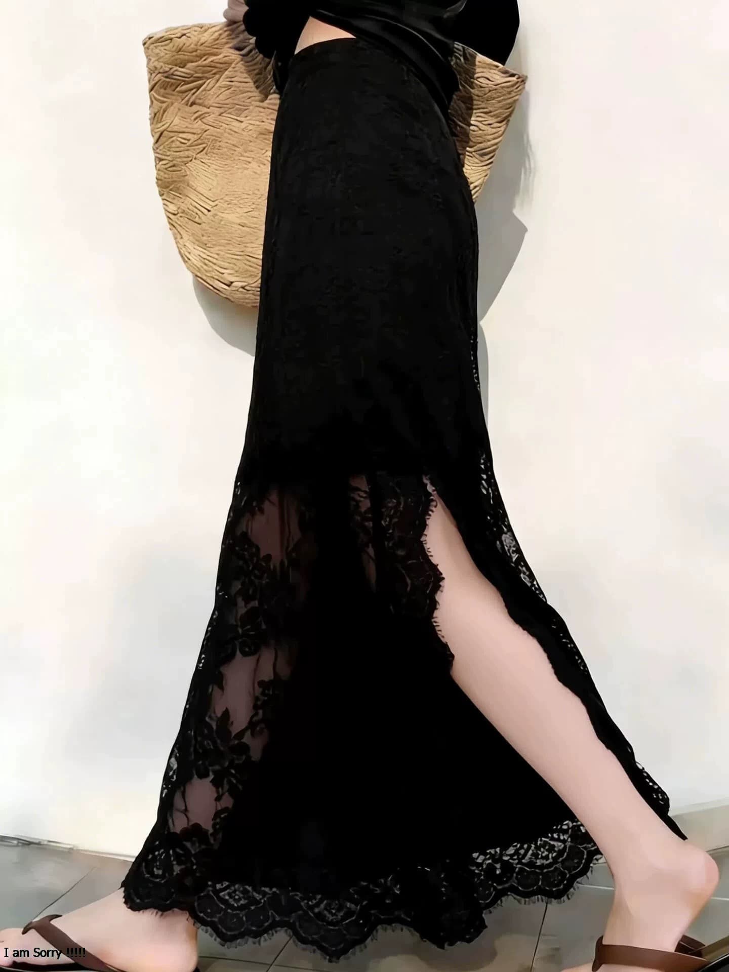 검정색 측면 트임 레이스 반신 스커트 여성 2026 여름 인기 새로운 하이웨이스트 Chic 슬림해 보이는 다용도 A라인 스커트 이미지 3