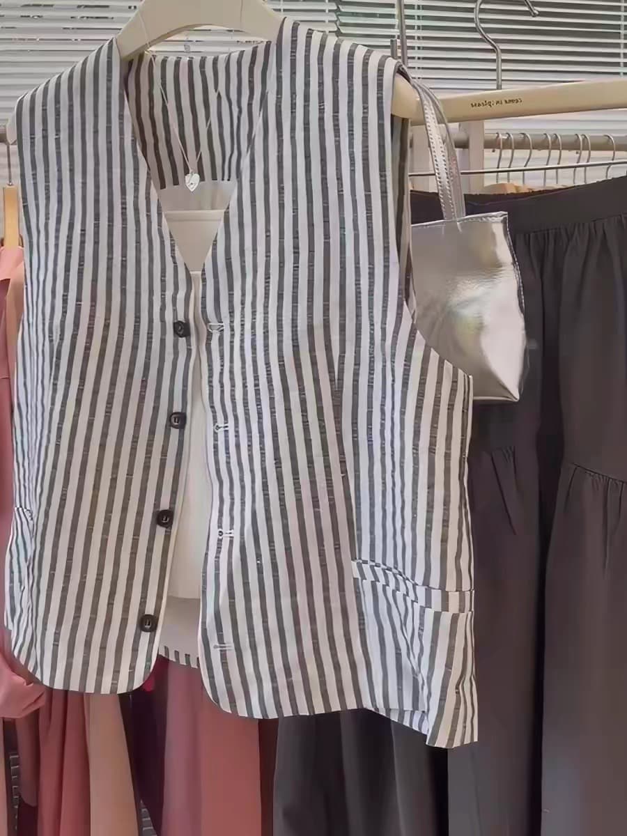 정리 누락 된 카운터 빼다 대외 무역 여성 의류 기타 바람 세로 줄무늬 아마 민소매 조끼 베스트 여성 셔츠 상세 이미지 2