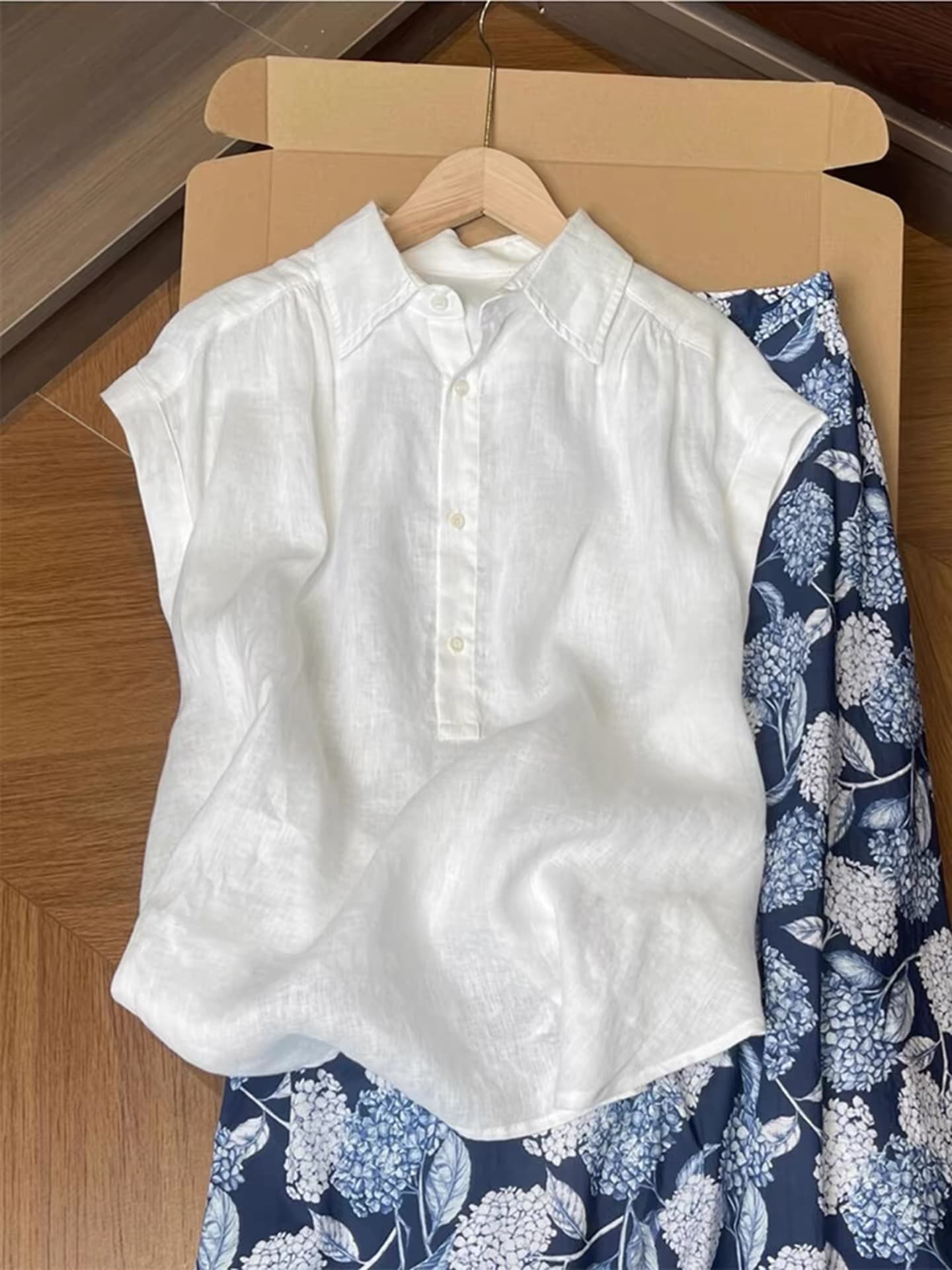 chao 수준 착용 가져 가라. 화이트 아마 POLO 칼라 작은 날다 소매 여성 셔츠 여름 새로운 오래된 돈 바람 슬림해 보이는 셔츠 이미지 2