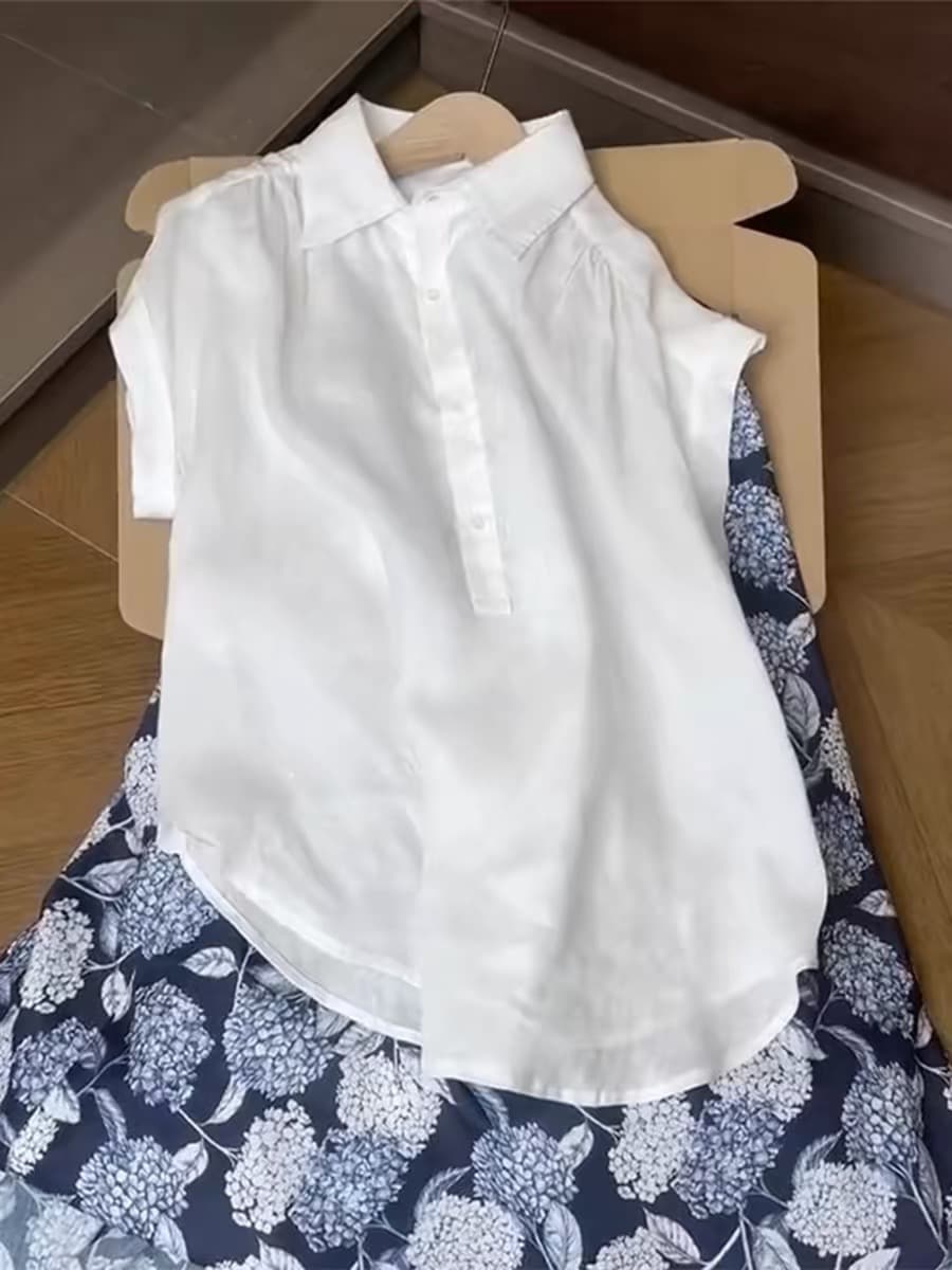chao 수준 착용 가져 가라. 화이트 아마 POLO 칼라 작은 날다 소매 여성 셔츠 여름 새로운 오래된 돈 바람 슬림해 보이는 셔츠 상세 이미지 2