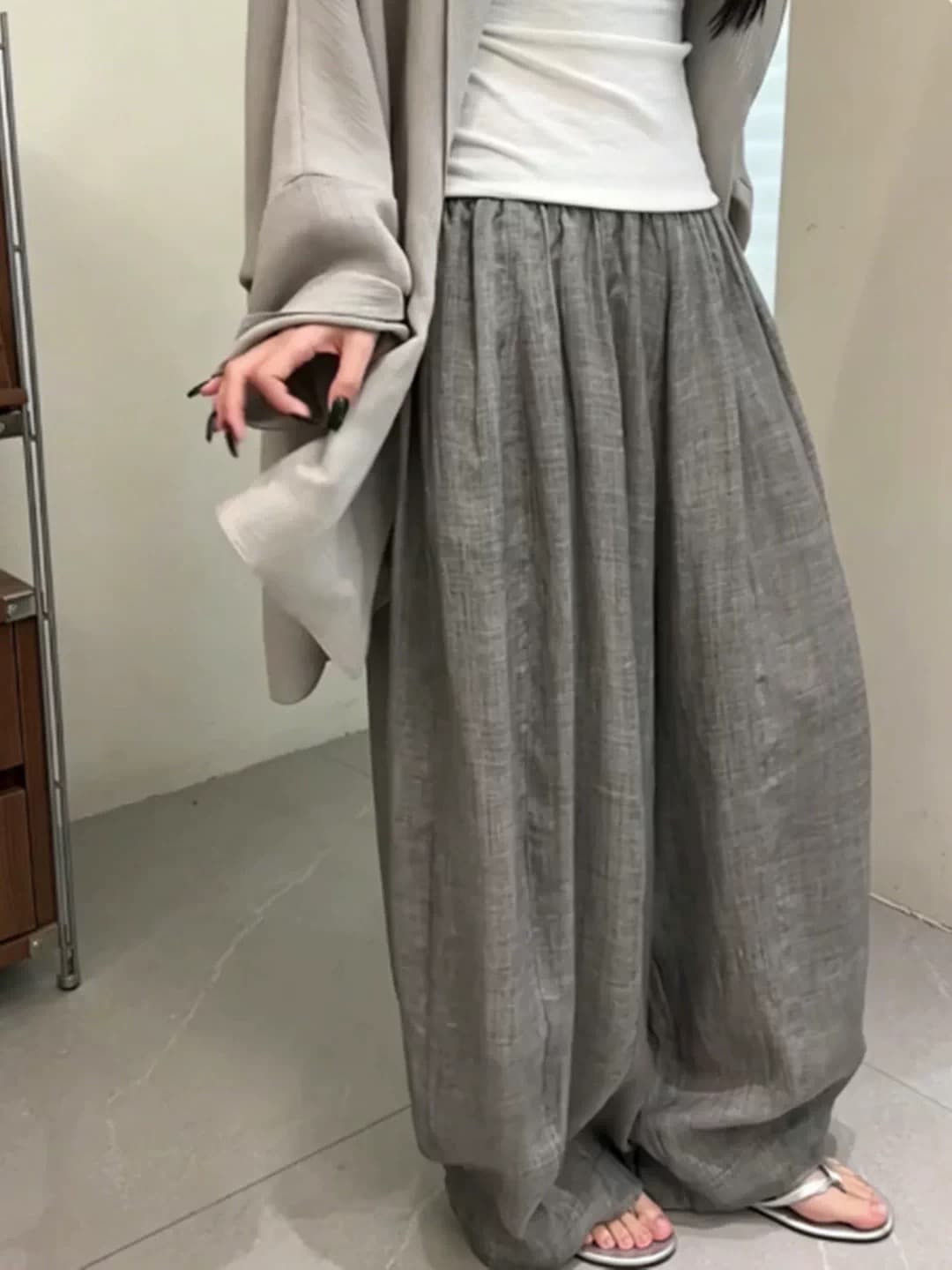 자이언트 잘 생긴 추천 여름 착용 가져 가라. 회색 주간 실크 라미 캐주얼 바지 느슨함 센스 스트레이트 넓은 다리 바닥 청소 바지 상세 이미지 5