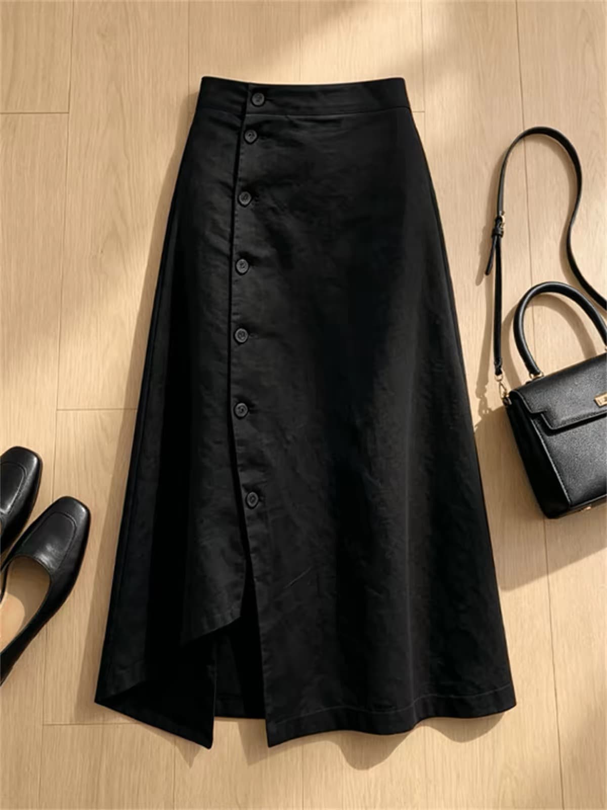 클래식 프랑스식 레트로 반신 롱 스커트 측면 단추 디자인 불규칙 트임 작은 키 적응 반신 스커트 여름 상세 이미지 3