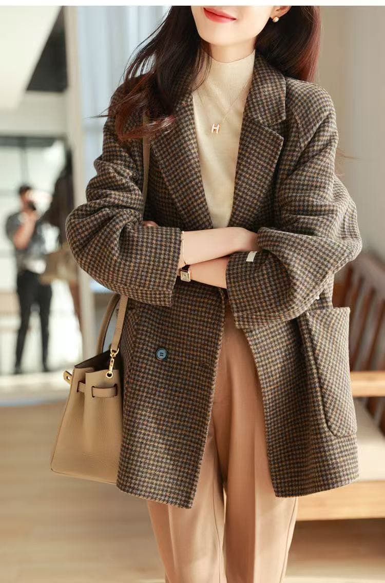 새로운 고급 센스 수공 중간 길이 자켓 작은 키 정장 칼라 모직 루즈핏 체크무늬 코트 여성 이미지 4