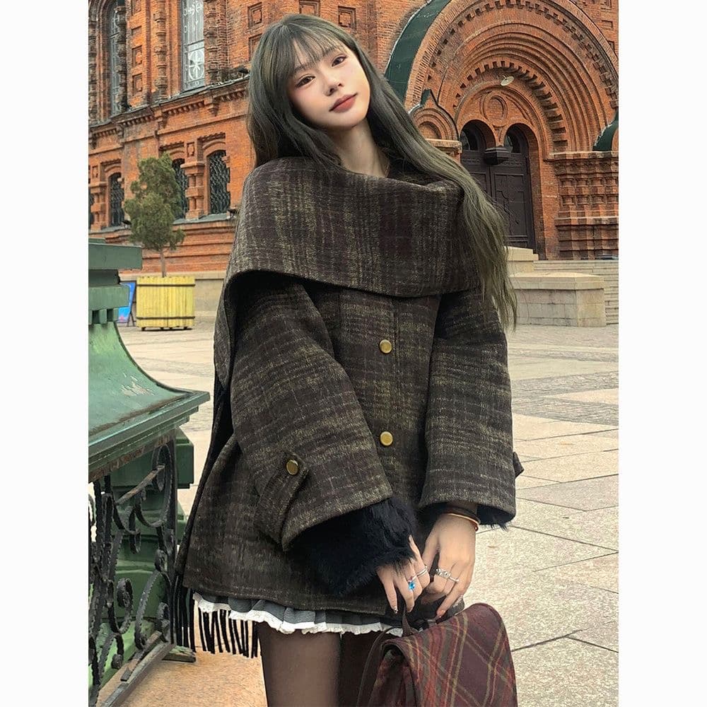2026 가을 겨울 새로운 양면 양모 코트 여성 작은 키 영국식 체크무늬 정장 얇은 양모 니트 캐주얼 재킷