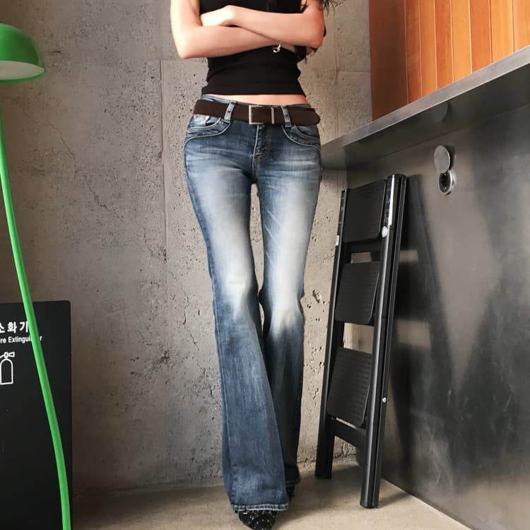 펭 넓적 다리 바지 한국 스타일 아메리칸 레트로 워싱 로우 웨이스트 나팔 청바지 이미지 2