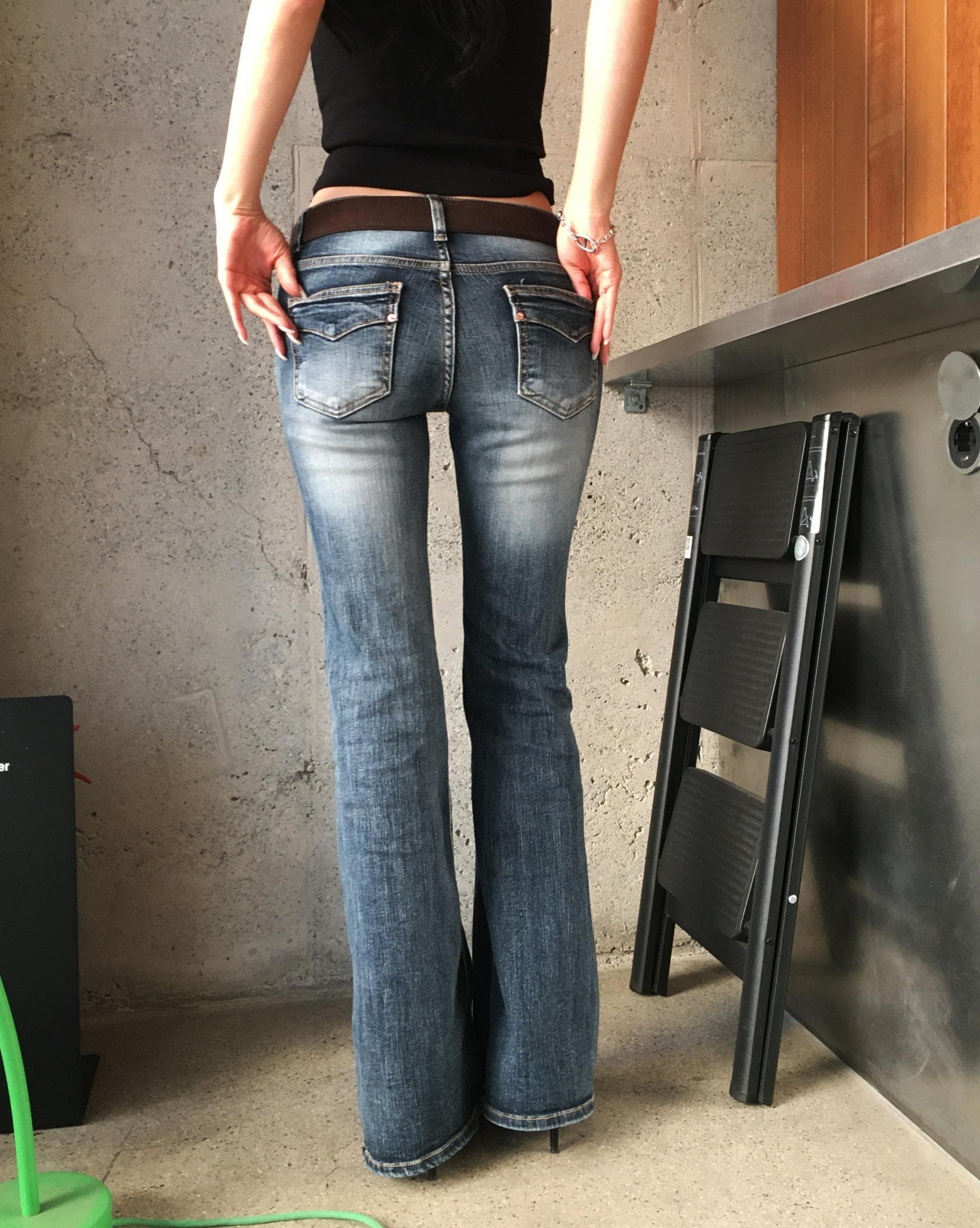 펭 넓적 다리 바지 한국 스타일 아메리칸 레트로 워싱 로우 웨이스트 나팔 청바지 이미지 3