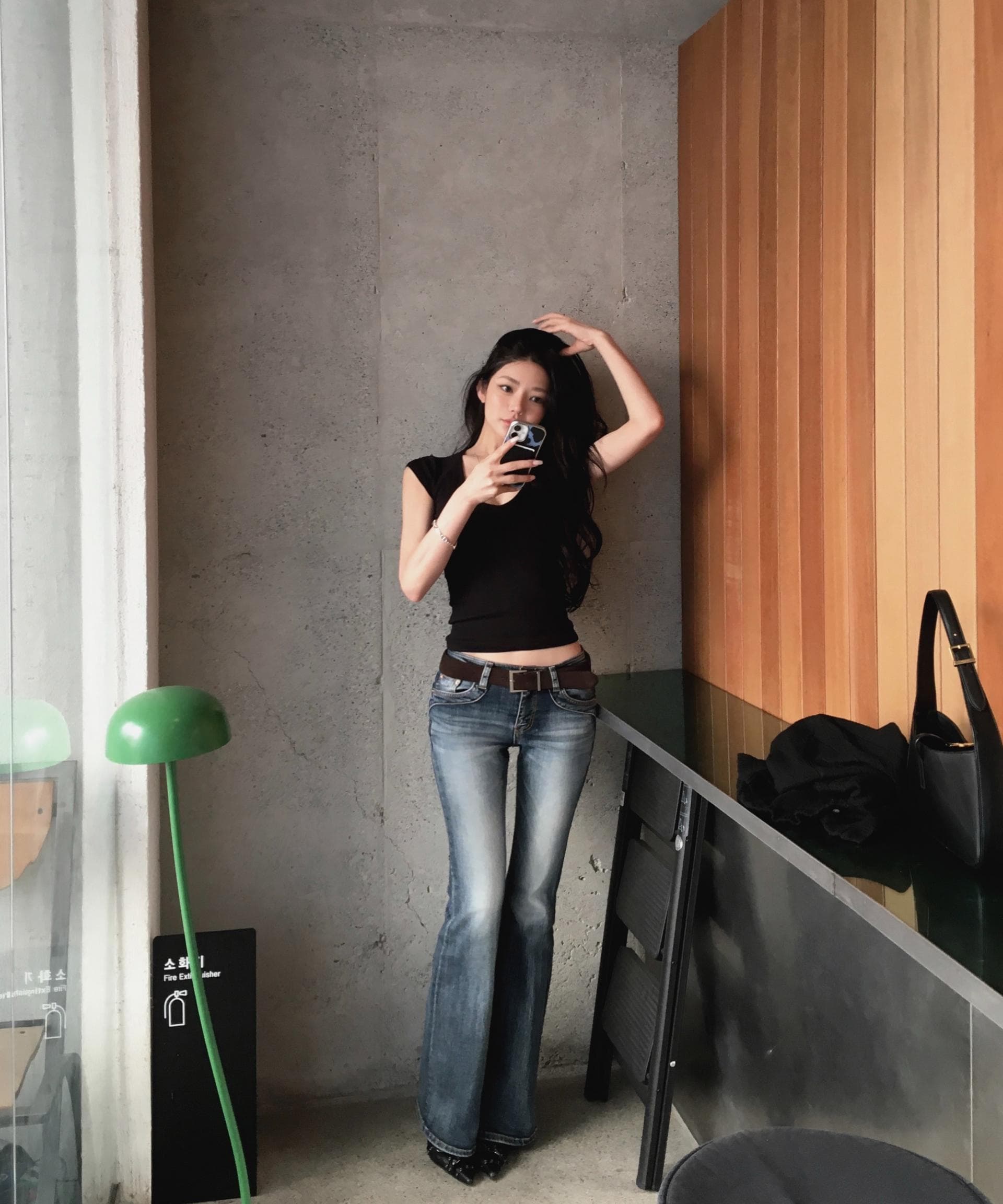 펭 넓적 다리 바지 한국 스타일 아메리칸 레트로 워싱 로우 웨이스트 나팔 청바지 상세 이미지 3