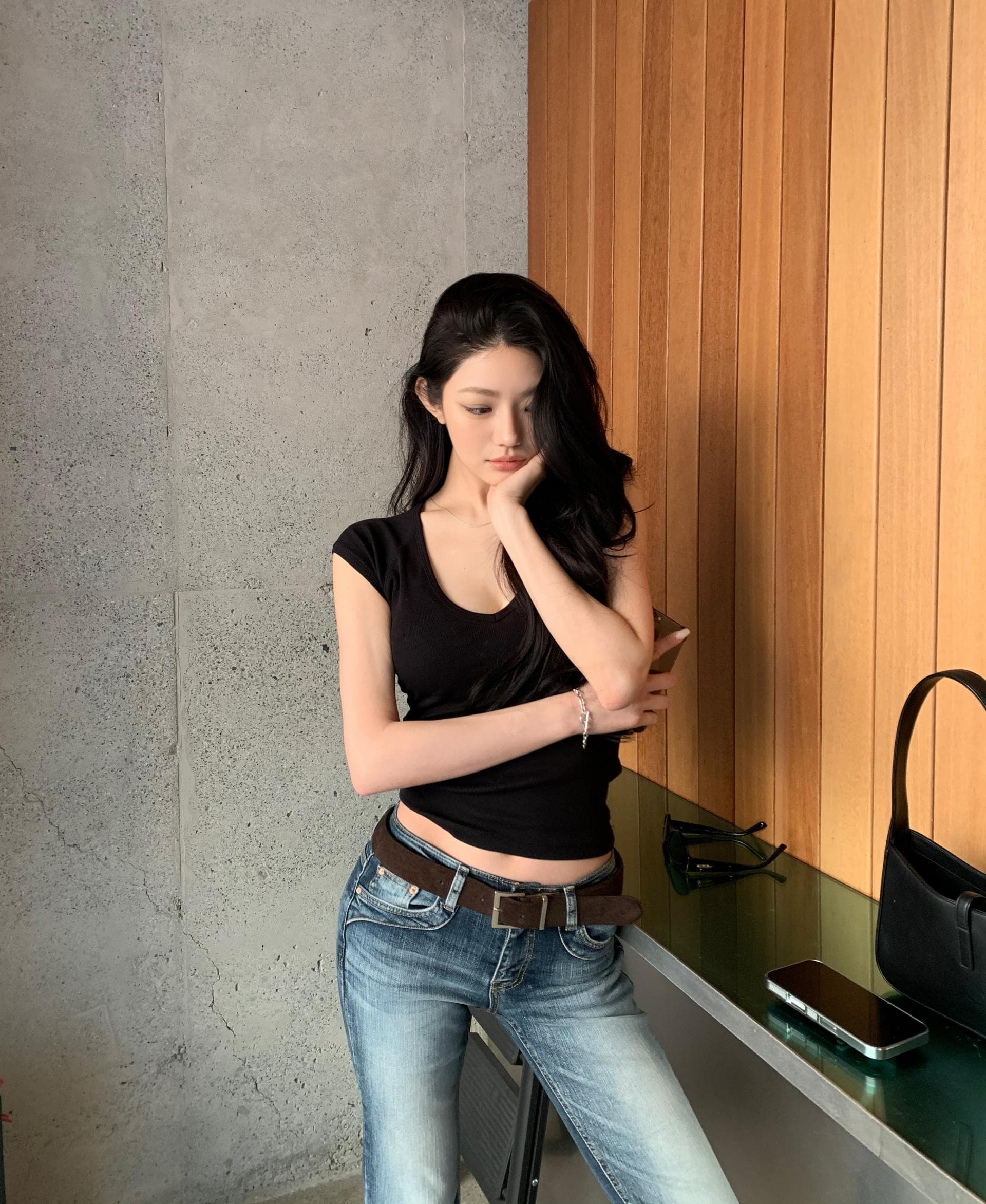 펭 넓적 다리 바지 한국 스타일 아메리칸 레트로 워싱 로우 웨이스트 나팔 청바지 상세 이미지 8