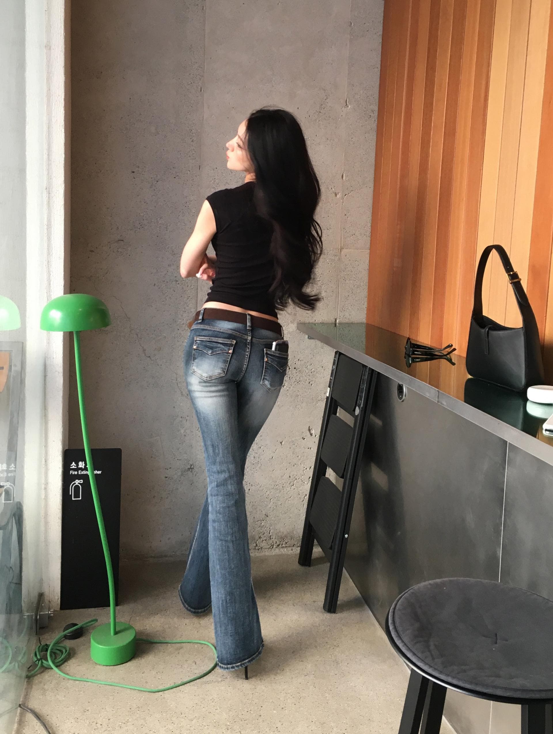 펭 넓적 다리 바지 한국 스타일 아메리칸 레트로 워싱 로우 웨이스트 나팔 청바지 상세 이미지 17