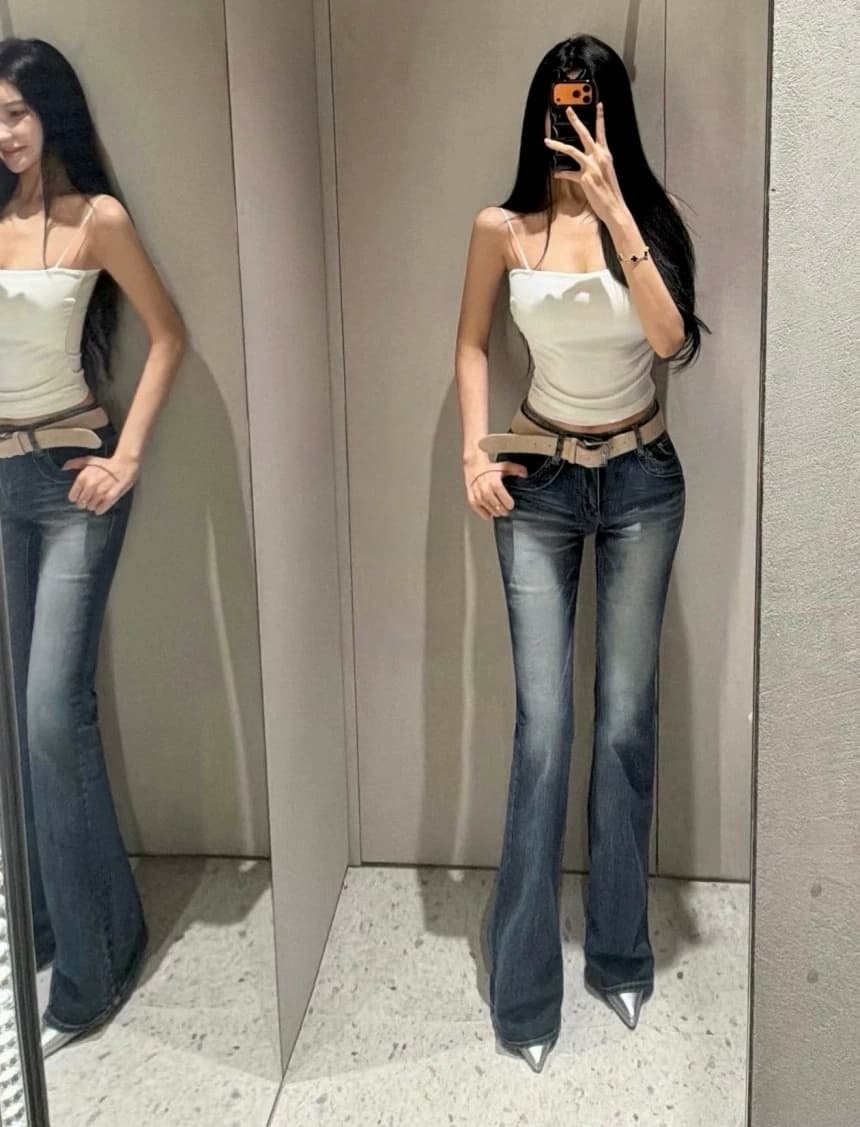 펭 넓적 다리 바지 한국 스타일 새로운 ins 품격 레트로 섹시함 슬림해 보이는 마 오래된 로우 웨이스트 부츠컷 청바지 상세 이미지 8