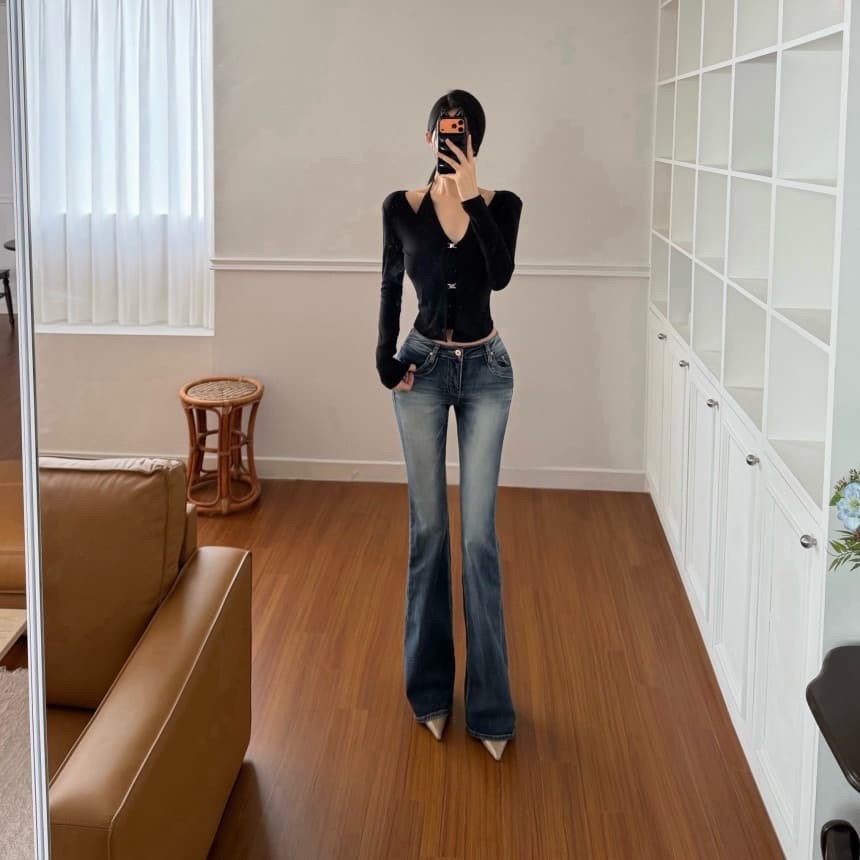 펭 넓적 다리 바지 한국 스타일 새로운 ins 품격 레트로 섹시함 슬림해 보이는 마 오래된 로우 웨이스트 부츠컷 청바지 상세 이미지 14
