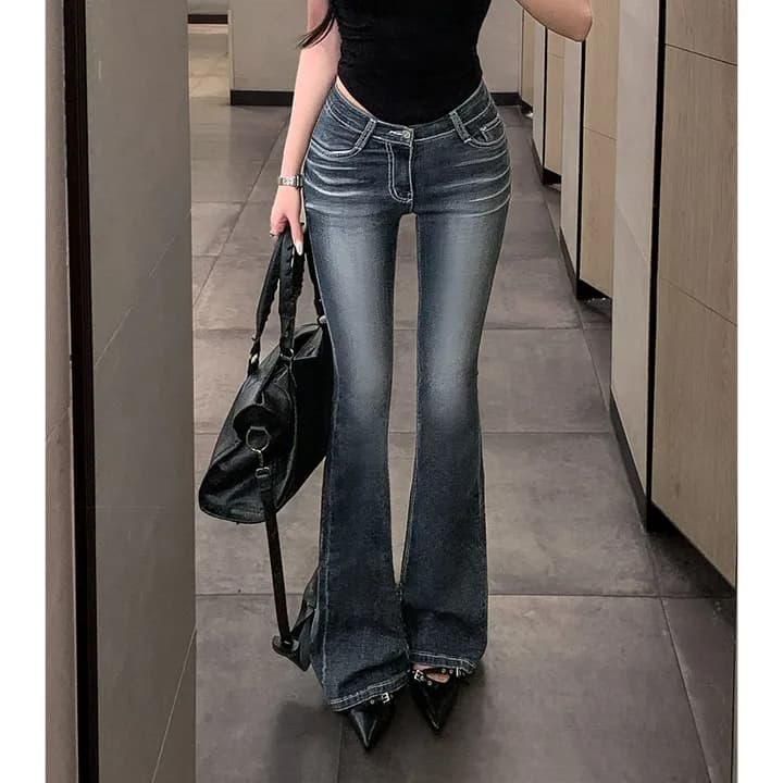 펭 넓적 다리 바지 한국 스타일 마 오래된 워싱 색상 로우 웨이스트 부츠컷 청바지 이미지 2