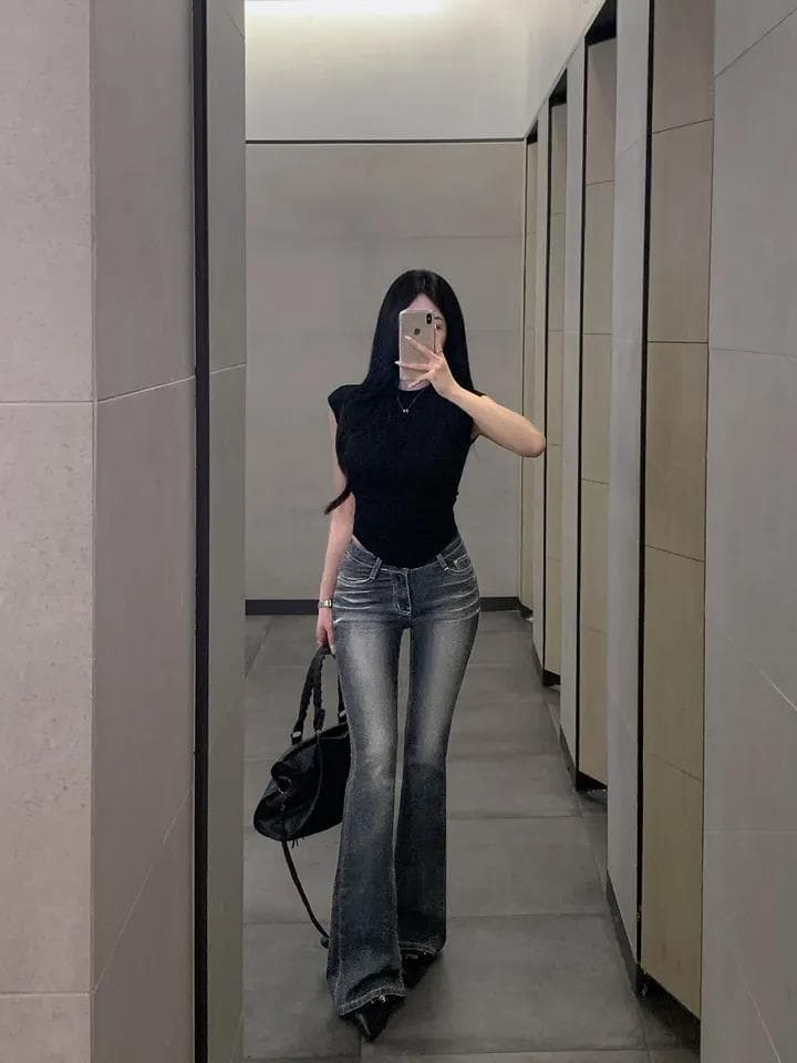 펭 넓적 다리 바지 한국 스타일 마 오래된 워싱 색상 로우 웨이스트 부츠컷 청바지 상세 이미지 2