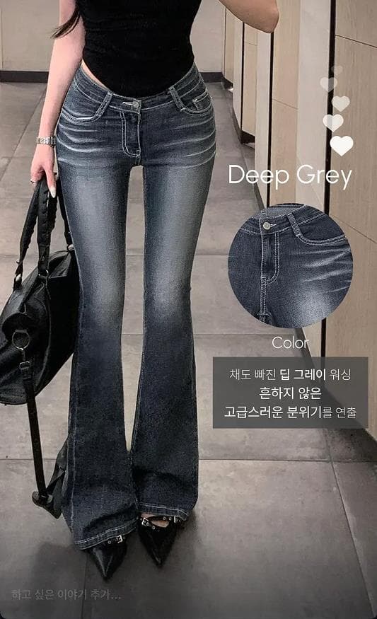 펭 넓적 다리 바지 한국 스타일 마 오래된 워싱 색상 로우 웨이스트 부츠컷 청바지 상세 이미지 4