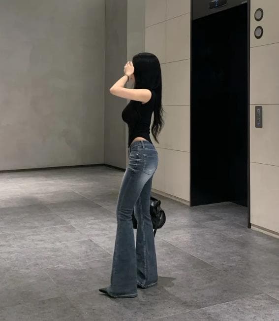 펭 넓적 다리 바지 한국 스타일 마 오래된 워싱 색상 로우 웨이스트 부츠컷 청바지 상세 이미지 13