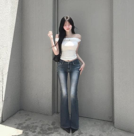 펭 넓적 다리 바지 한국 스타일 마 오래된 워싱 색상 로우 웨이스트 부츠컷 청바지 상세 이미지 15
