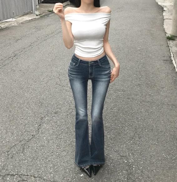 펭 넓적 다리 바지 한국 스타일 마 오래된 워싱 색상 로우 웨이스트 부츠컷 청바지 상세 이미지 18