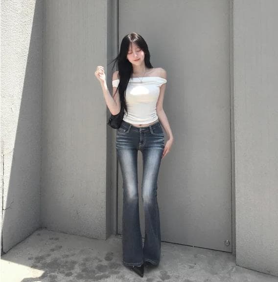 펭 넓적 다리 바지 한국 스타일 마 오래된 워싱 색상 로우 웨이스트 부츠컷 청바지 상세 이미지 19