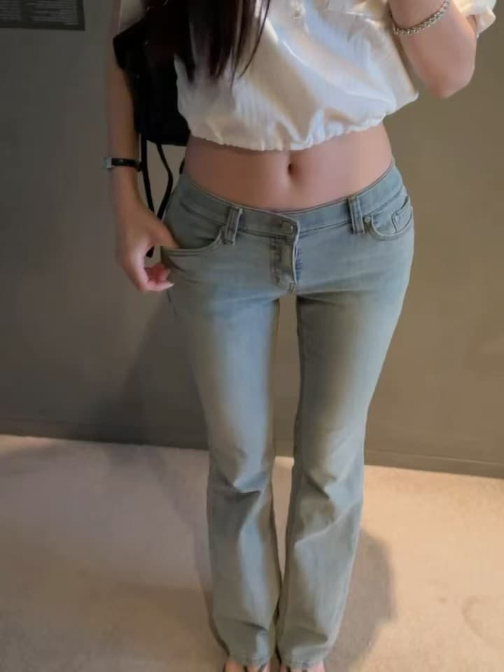 펭 넓적 다리 바지 한국 스타일 기초 다용도 밝은색 청바지 이미지 4