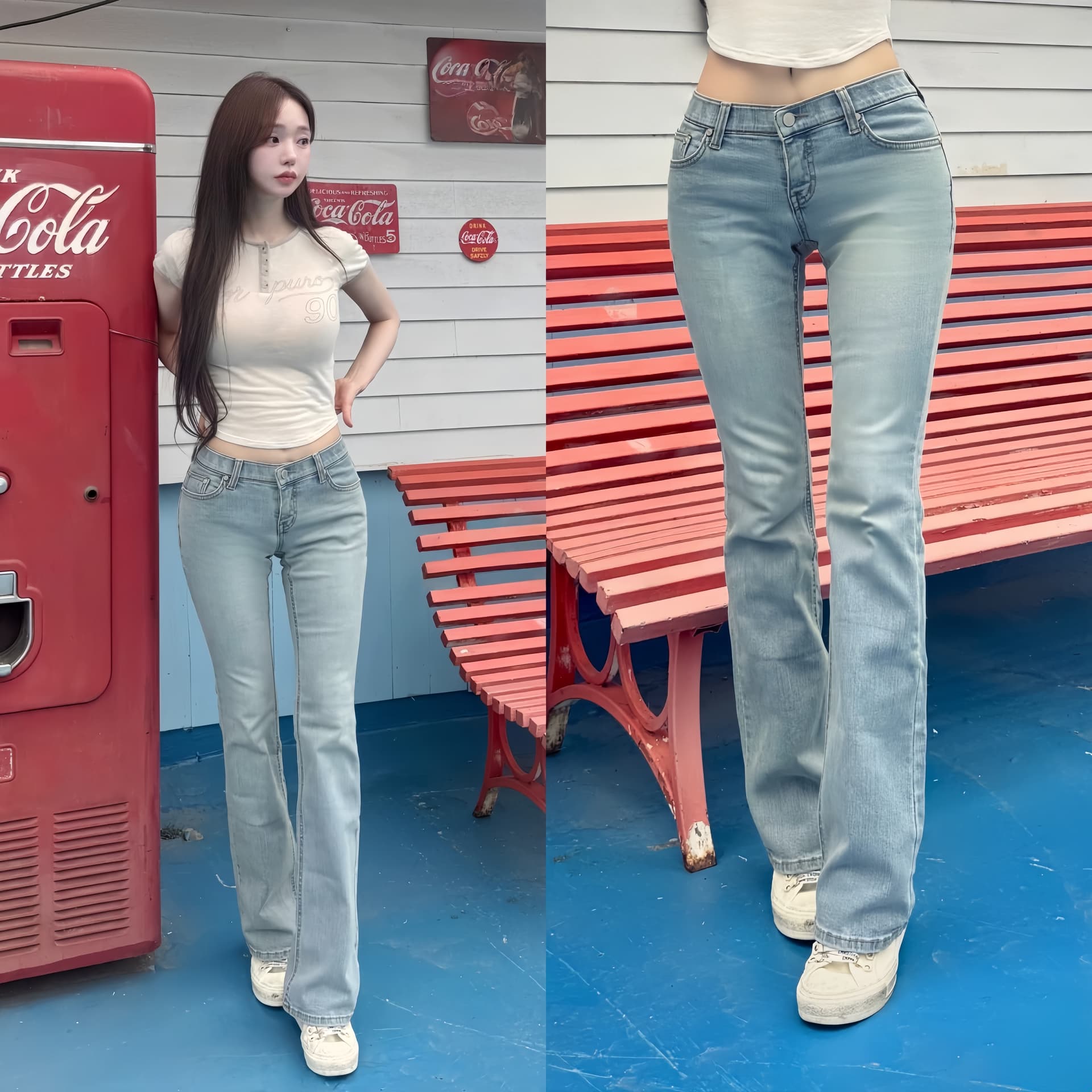 펭 넓적 다리 바지 한국 스타일 기초 다용도 밝은색 청바지 상세 이미지 1