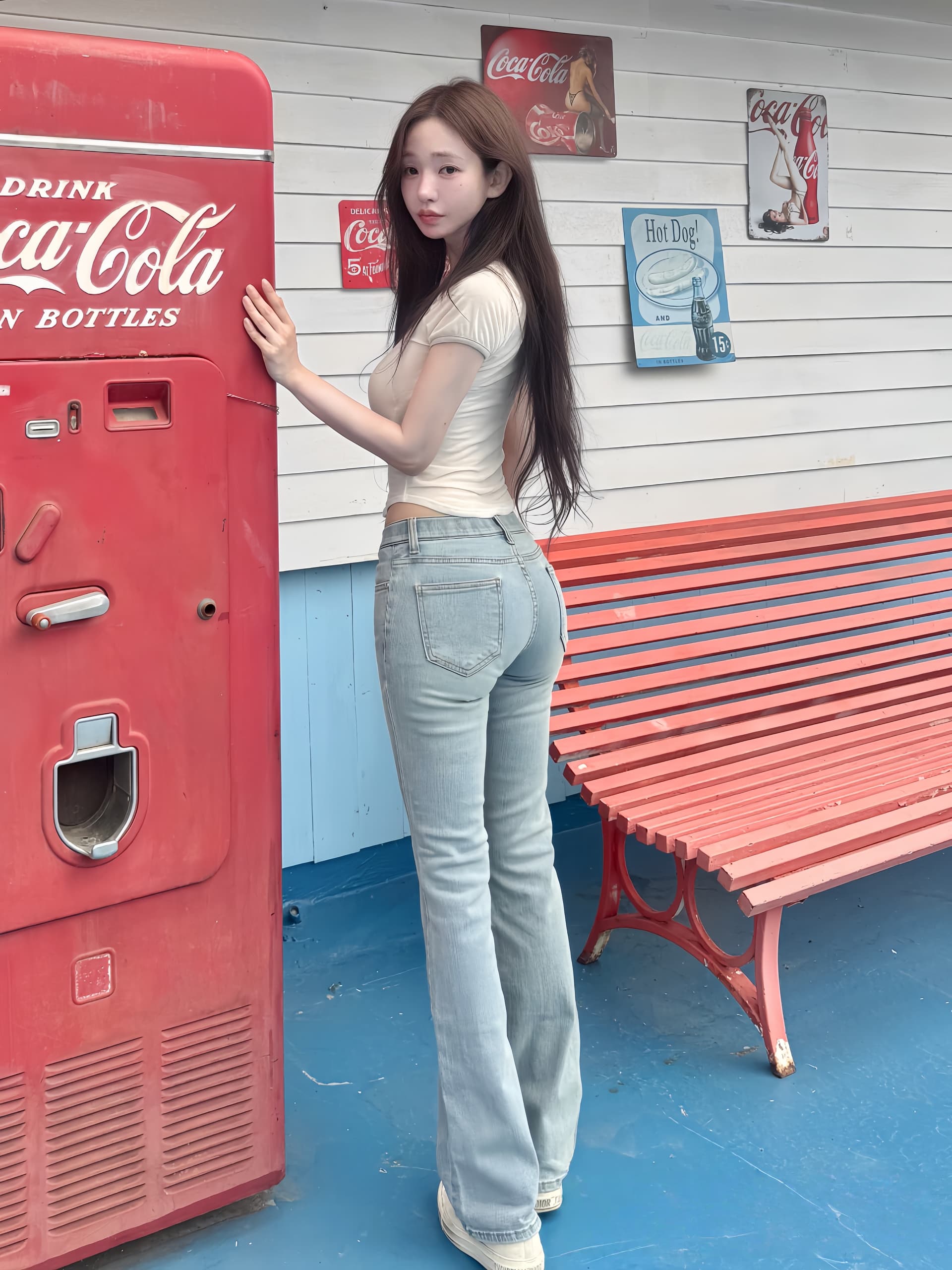 펭 넓적 다리 바지 한국 스타일 기초 다용도 밝은색 청바지 상세 이미지 10