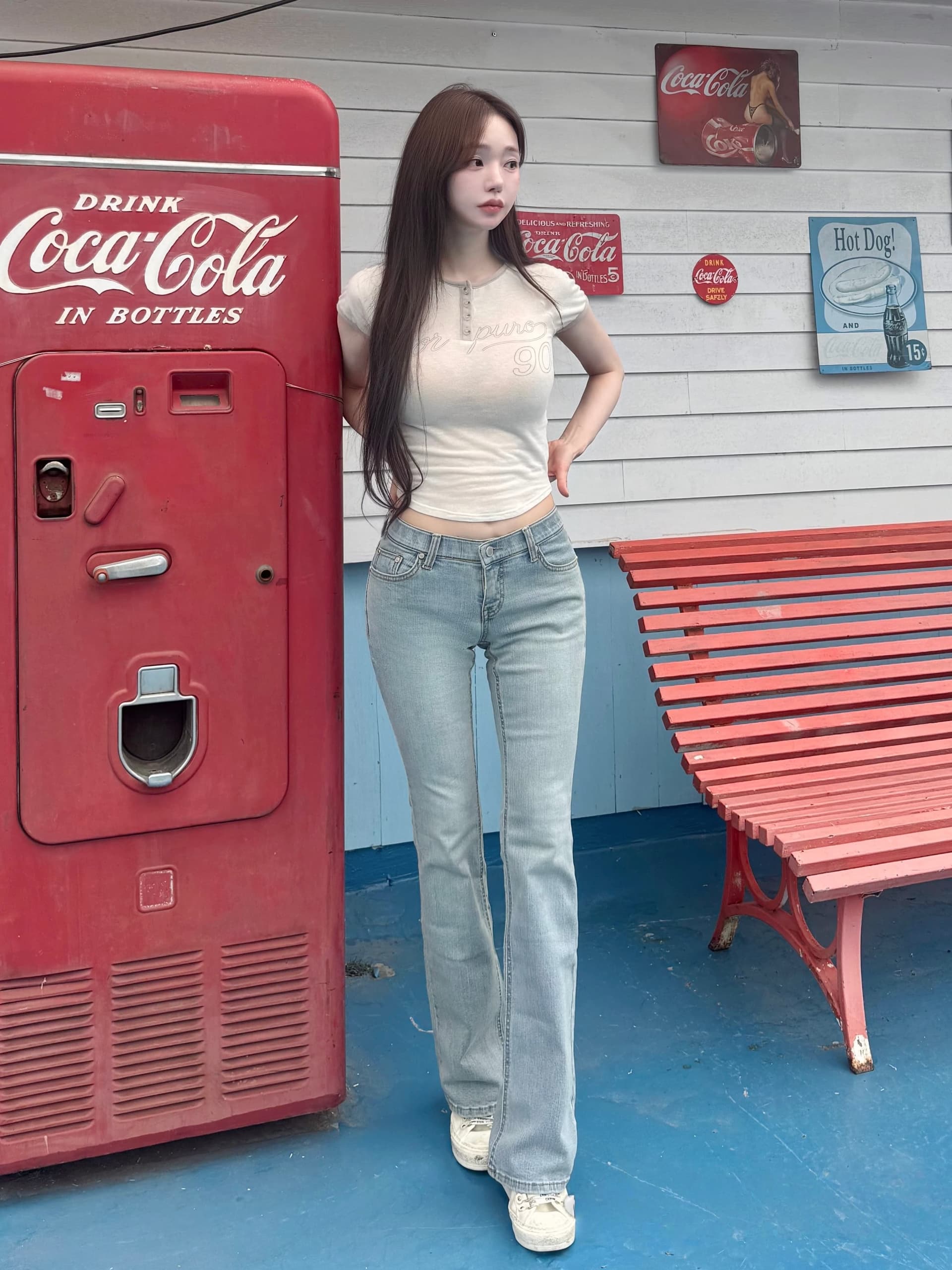 펭 넓적 다리 바지 한국 스타일 기초 다용도 밝은색 청바지 상세 이미지 11