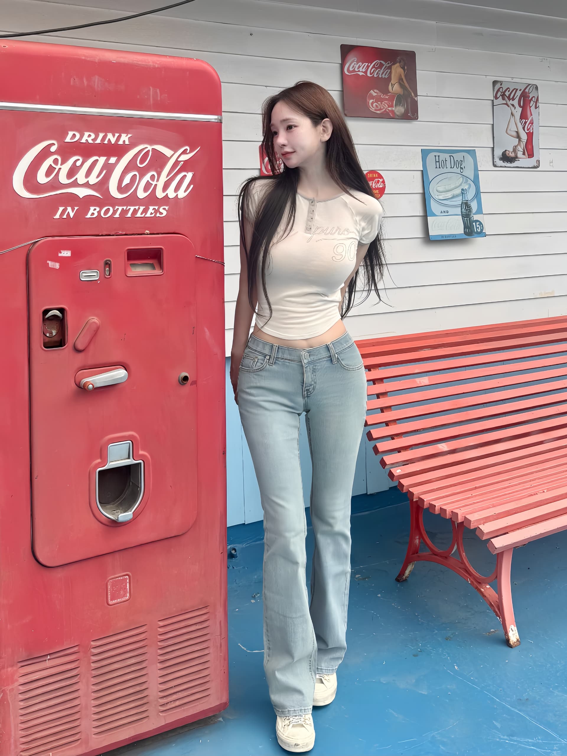 펭 넓적 다리 바지 한국 스타일 기초 다용도 밝은색 청바지 상세 이미지 12