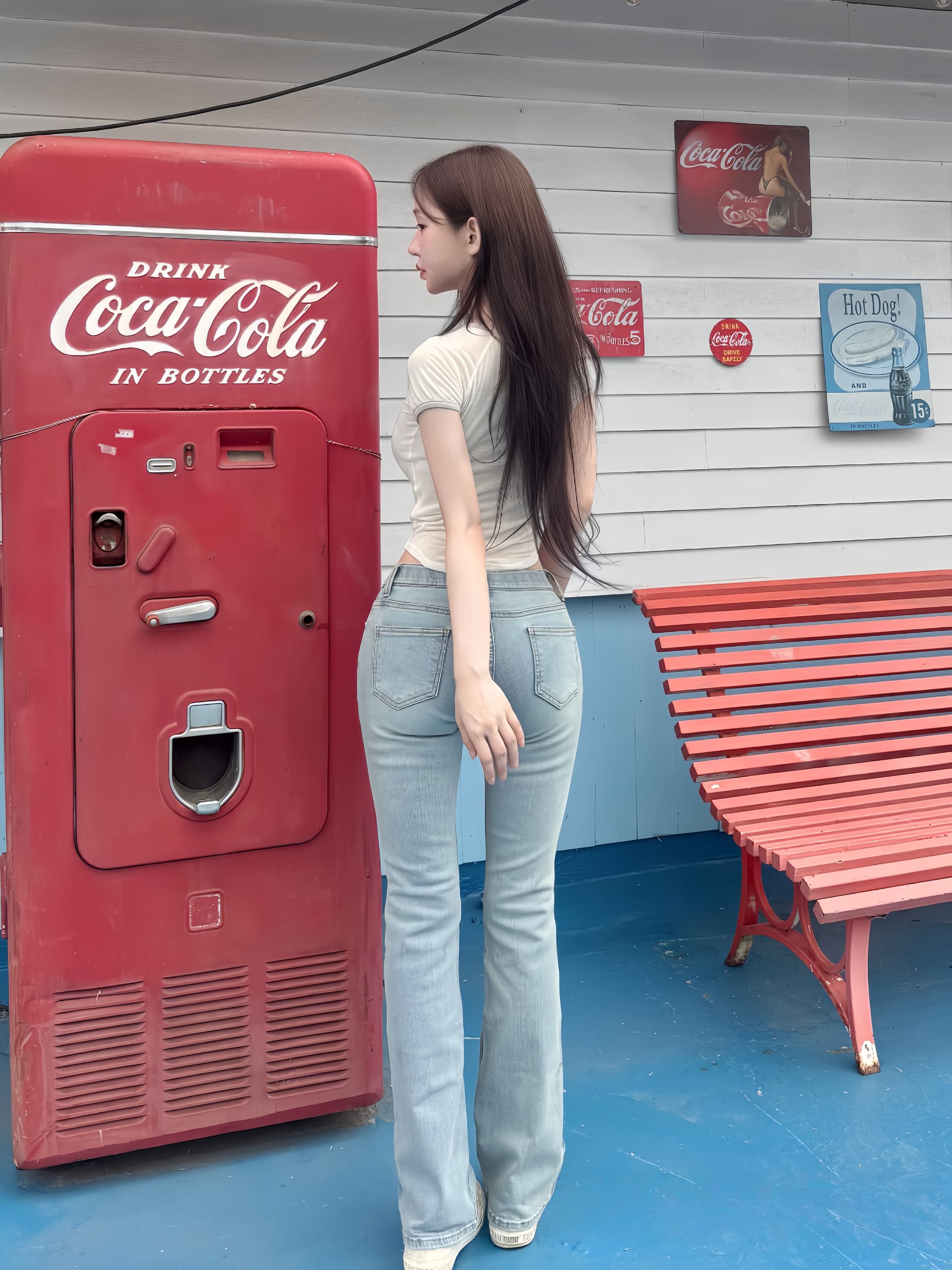 펭 넓적 다리 바지 한국 스타일 기초 다용도 밝은색 청바지 상세 이미지 14