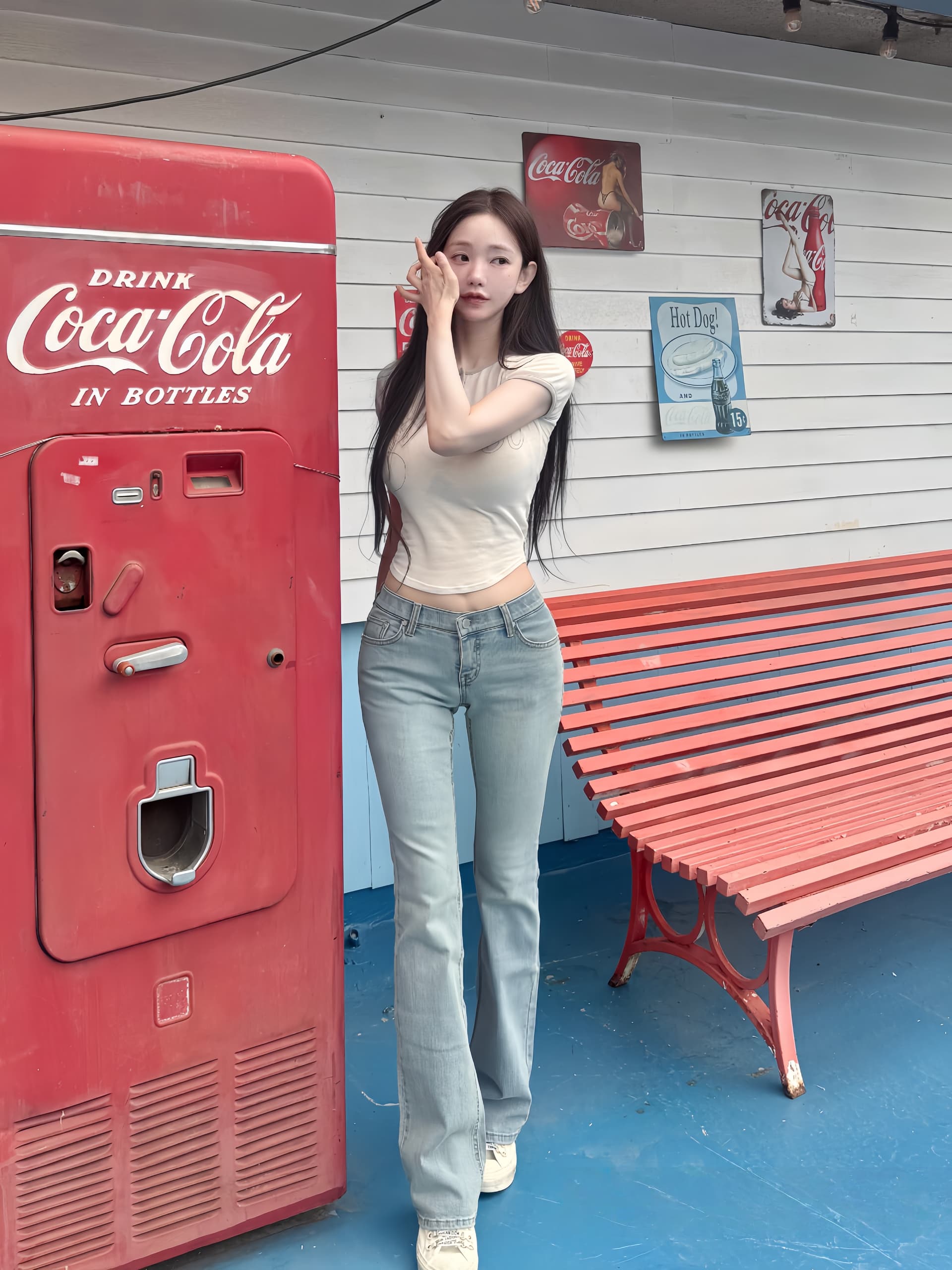 펭 넓적 다리 바지 한국 스타일 기초 다용도 밝은색 청바지 상세 이미지 16